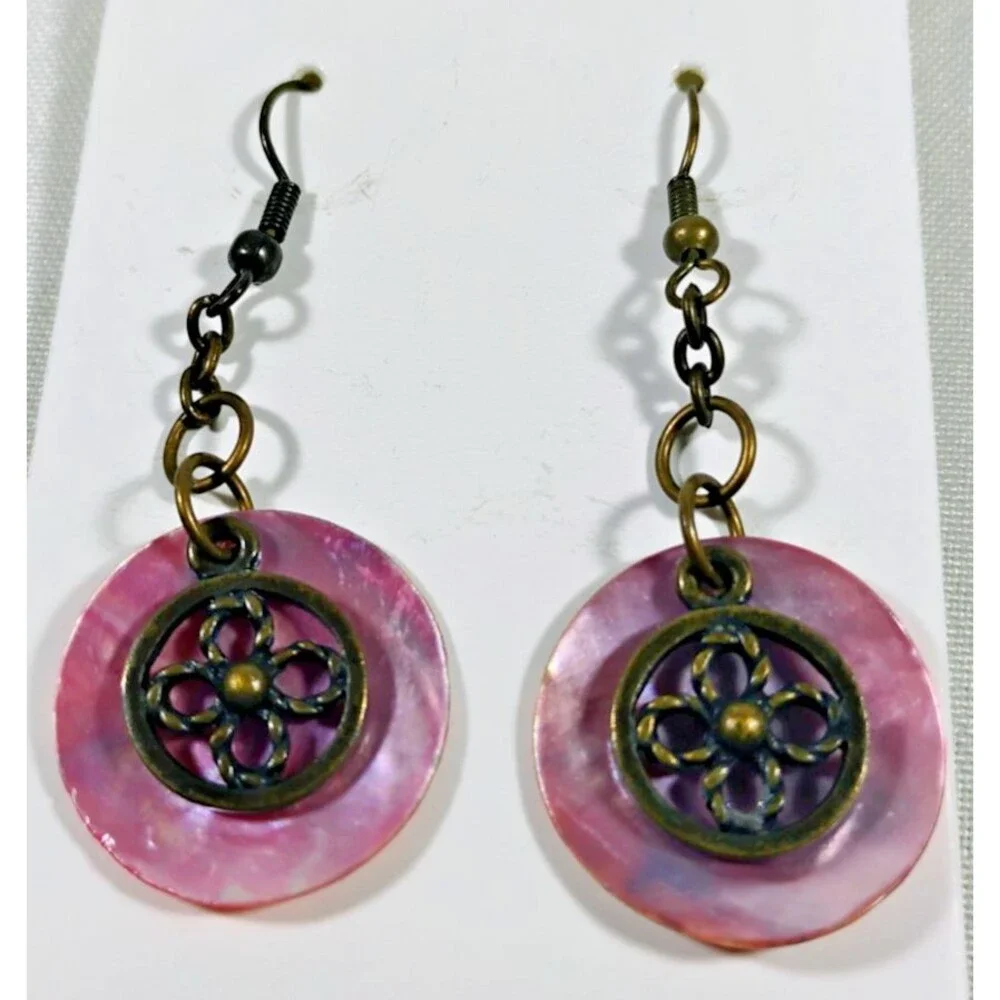Vintage Dangle Earrings Pink Mother of Pearl Disc Brass Filigree Floral Charm